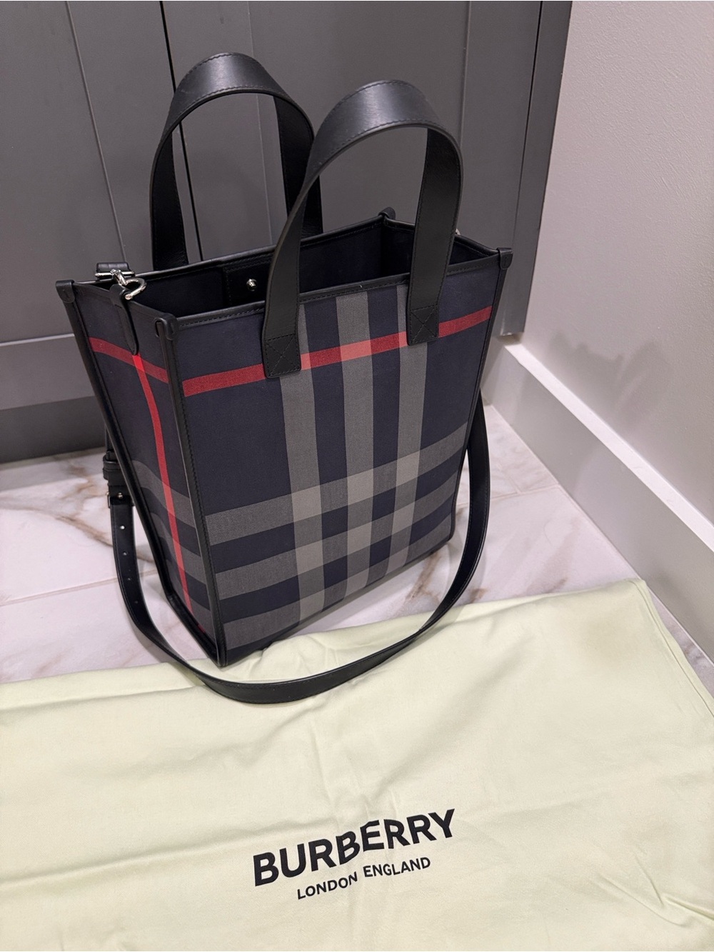 Burberry Black Plaid Canvas Messenger Tote with Red Accent